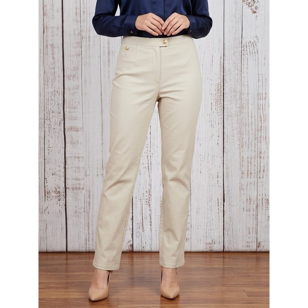 Lauren Ralph Lauren 8 Beige Straight Leg Pants Gold Crest Button Stretch